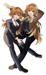  2girls armband black_jacket black_pants black_vest bow bowtie brown_bow brown_bowtie brown_coat brown_eyes brown_hair brown_shoes coat collared_shirt full_body hairband highres jacket library_of_ruina lobotomy_corporation long_hair long_sleeves looking_at_viewer malkuth_(project_moon) multiple_girls nakame77 necktie open_mouth pants project_moon red_armband red_hairband red_necktie shirt shoes short_hair simple_background standing v vest white_background white_shirt 