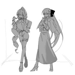  2girls absurdres baobhan_sith_(fate) black_bow bow braid fate/grand_order fate_(series) full_body hair_between_eyes hair_bow half_up_braid high_heels highres ip0flv jacket long_hair looking_at_viewer morgan_le_fay_(fate) mother_and_daughter multiple_girls ponytail shorts simple_background standing very_long_hair white_background 