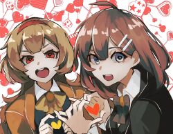  2girls :d ahoge armband black_coat black_vest blue_eyes bow bowtie brown_bow brown_bowtie brown_coat brown_eyes brown_hair coat collared_shirt hair_ornament hairband hairclip heart heart-shaped_pupils heart_hands highres hod_(project_moon) library_of_ruina long_hair long_sleeves looking_at_viewer malkuth_(project_moon) multiple_girls nakame77 open_mouth project_moon red_hairband shirt simple_background smile symbol-shaped_pupils upper_body vest white_background white_shirt 
