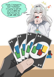  1boy 1girl absurdres bow bowtie caelus_(honkai:_star_rail) card closed_eyes collared_shirt covering_own_mouth english_text fingerless_gloves firefly_(honkai:_star_rail) firefly_(spring_missive)_(honkai:_star_rail) flower gloves green_bow green_bowtie grey_hair grey_hairband grey_sailor_collar hair_between_eyes hair_intakes hair_ornament hairband highres holding holding_card honkai:_star_rail honkai_(series) long_hair sailor_collar shirt sparkle speech_bubble thevarnese thought_bubble trailblazer_(honkai:_star_rail) uno_(game) white_shirt 