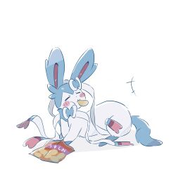  alternate_color animal_focus bag_of_chips blue_fur blush bow chips_(food) closed_eyes eating food foznya full_body highres no_humans pokemon pokemon_(creature) pokemon_focus potato_chips ribbon shiny_pokemon simple_background solo sylveon two-tone_fur white_background white_fur 