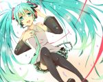  1girl aqua_eyes aqua_hair boots detached_sleeves hanadog hand_on_headphones hand_on_own_chest hatsune_miku headphones headset long_hair necktie open_mouth skirt solo thigh_boots thighhighs twintails very_long_hair vocaloid 