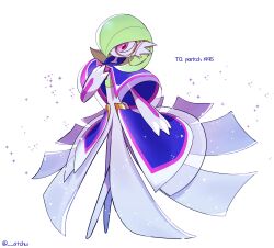  absurdres artist_name bob_cut capelet dress etchyu gardevoir gardevoir_(sacred) green_hair hair_over_one_eye highres monocle pink_eyes pokemon pokemon_(creature) pokemon_unite purple_capelet sparkle waist_cape white_background white_dress 