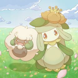  1girl ama_luna197 brown_eyes clouds colored_skin field flower full_body grass green_hair hair_flower hair_ornament highres lilligant looking_at_viewer monster_girl open_mouth petals plant_girl pokemon pokemon_(creature) pokemon_focus red_eyes sky smile whimsicott 