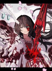  1boy antler_ring antlers black_border black_eyes black_hair blue_eyes border burn_scar cherry_blossoms chinese_clothes cloak eastern_dragon_horns grey_background hanfu heterochromia highres hong_lu_(project_moon) horn_ornament horn_ring horns impaled limbus_company long_hair looking_at_viewer male_focus nakame77 project_moon red_hanfu scar simple_background single_antler single_horn solo tears_of_the_tarnished_blood_(e.g.o) two-tone_hanfu upper_body white_cloak 