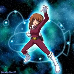  1girl anglerfish belt bodysuit boots breasts brown_eyes brown_hair clenched_hand fighting_stance fish girls_und_panzer knee_boots konbuchimaki large_breasts nishizumi_miho pegasus_seiya sailor_collar saint_seiya scene_reference short_hair skin_tight sky solo star_(sky) starry_sky twitter_username white_boots 