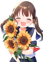  1girl :d absurdres blue_sailor_collar blue_skirt blush brown_hair buchi_(y0u0ri_) closed_eyes commentary facing_viewer flower highres holding holding_flower long_hair neckerchief open_mouth original pleated_skirt red_neckerchief sailor_collar school_uniform serafuku shirt short_sleeves simple_background skirt smile solo sunflower twintails upper_body white_background white_shirt yellow_flower 