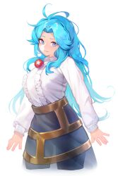  1girl absurdres alternate_costume black_skirt blue_eyes blue_hair closed_mouth collared_shirt frills highres kumoi_ichirin long_hair long_sleeves looking_at_viewer onion_(onion_and_pi-natto) see-through_clothes see-through_skirt shirt skirt smile solo touhou white_background white_shirt 