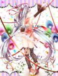 1girl arm_up balloon character_name detached_sleeves dress from_behind hair_ribbon hatsune_miku kyashii_(a3yu9mi) long_hair microphone microphone_stand panties ribbon solo striped striped_panties thigh-highs twintails underwear very_long_hair vocaloid 