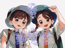  1boy 1girl 2enn3n :d arm_up arven_(pokemon) backpack bag black_bag braid breast_pocket brown_eyes brown_hair clavell_(pokemon) clive_(pokemon) collared_shirt commentary_request eyelashes florian_(pokemon) hat highres juliana_(pokemon) looking_down necktie nemona_(pokemon) open_mouth orange_necktie penny_(pokemon) pocket pokemon pokemon_sv school_uniform shirt short_sleeves smile white_background 