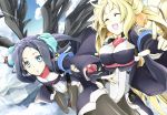  2girls arm_grab black_hair blonde_hair blue_eyes breasts clouds hair_ribbon kyoukai_senjou_no_horizon large_breasts long_hair malga_naruze margot_knight multiple_girls pointing ribbon sunbeam sunlight tagme toromera wings 