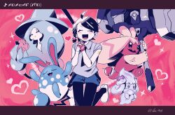  1girl 2enn3n :d ahoge alcremie arm_tattoo azumarill black_pantyhose blue_shorts braid character_doll closed_eyes collared_shirt commentary_request doll gloves hands_up happy hatterene heart highres juliana_(pokemon) lower_teeth_only necktie open_mouth pantyhose poke_ball poke_ball_(basic) pokemon pokemon_(creature) pokemon_sv shirt shoes shorts single_glove smile sparkle tattoo teeth tinkaton tongue white_shoes 