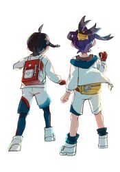  1boy 1girl 2enn3n ahoge backpack bag braid floating_hair from_behind gloves hand_up highres holding holding_poke_ball jacket juliana_(pokemon) kieran_(pokemon) leggings off_shoulder partially_fingerless_gloves poke_ball poke_ball_(basic) pokemon pokemon_sv purple_hair red_bag red_gloves red_shirt shirt shoes shorts simple_background sleeveless sleeveless_shirt socks standing white_background 