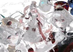  1girl absurdres cake cake_slice crown cup dress elbow_gloves flower food food_print fork frilled_dress frills fruit fruit_print full_body gloves grey_hair hair_between_eyes hair_ornament hat hat_flower heilanshuimuchu highres holding horns long_hair looking_at_viewer multicolored_hair multiple_views original pink_hair plate puffy_short_sleeves puffy_sleeves red_eyes red_flower red_gloves short_hair short_sleeves smile standing strawberry strawberry_cake strawberry_print strawberry_shortcake strawberry_slice teapot too_many too_many_frills white_dress white_flower 