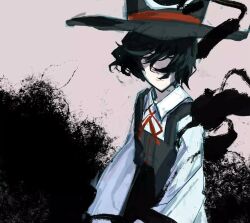  1other androgynous black_background black_coat black_eyes black_hair black_hat brown_background closed_mouth coat collared_shirt cowboy_shot detached_sleeves enraku_tsubakura expressionless eye_of_senri floating_hair hair_over_one_eye hat highres hongshao_tofu len&#039;en long_hair looking_at_viewer neck_ribbon other_focus red_ribbon ribbon ribbon-trimmed_coat ribbon_trim shirt short_hair sleeveless sleeveless_coat sleeveless_shirt solo standing top_hat two-tone_background white_shirt white_sleeves wide_brim wide_sleeves wind 