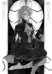  1girl absurdres ascot barefoot black_dress black_ribbon breasts center_frills dress frilled_sleeves frills grey_hair heilanshuimuchu highres leg_ribbon long_hair long_sleeves looking_at_viewer moon original parted_bangs red_eyes ribbon sitting sleeves_past_fingers sleeves_past_wrists solo tassel very_long_hair white_ascot 