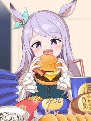  1girl animal_ears aqua_bow bacon blue_dress blush bow burger cheese comomo cup disposable_cup dress drinking_straw ear_bow eating egg food french_fries highres holding holding_burger holding_food horse_ears horse_girl ice_cream long_hair long_sleeves mcdonald&#039;s mejiro_mcqueen_(umamusume) open_mouth pancake purple_hair smile solo teeth umamusume upper_teeth_only violet_eyes white_dress 