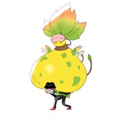  1boy ^_^ black_hair black_hat carrying clenched_teeth closed_eyes full_body green_jacket hat holding holding_pokemon hunched_over jacket leaf long_sleeves mega_victreebel paxton_(pokemon) plant_monster pokemon pokemon_(creature) pokemon_legends:_z-a red_shoes shoes short_hair smile standing struggling teeth victreebel wanderjegson 