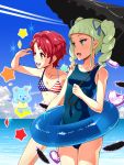  2girls aikatsu! american_flag_bikini beach bear bikini drill_hair enoshima_iki flag_print flat_chest green_eyes hair_ornament hair_ribbon hairclip happy heart highres ichinose_kaede innertube long_hair multiple_girls ocean red_eyes redhead ribbon short_hair sky star swimsuit toudou_yurika twin_drills twintails umbrella water wink 