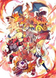 6+others beard belt bird black_sclera blaziken blue_eyes breath_weapon breathing_fire charizard chicken cinderace crocodile crocodilian delphox dragon dragon_horns emboar fang fangs fennec_fox fire fox furry green_eyes group_picture highres holding_weapon horns incineroar incoming_attack infernape kuromagnon looking_at_viewer monkey muscular pig pokemon pokemon_(creature) rabbit red_eyes rooster simple_background skeledirge stick tiger trait_connection typhlosion white_background wings yellow_eyes yellow_sclera