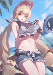  1girl absurdres alipheese_fateburn_xvi arm_behind_back awoodden beach belt blonde_hair blue_shorts blue_sky breasts carrot clouds cowboy_shot crop_top day denim denim_shorts hair_ornament heterochromia highres holding inflatable_toy innertube jewelry large_breasts long_hair low_twintails midriff navel open_fly open_mouth outdoors panties red_eyes removing_bra short_shorts shorts side-tie_panties sky solo stomach swim_ring swimsuit twintails underwear very_long_hair yellow_eyes zenless_zone_zero 