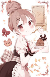  1girl absurdres apron blush bow brown_dress brown_eyes brown_hair buchi_(y0u0ri_) closed_mouth commentary_request cowboy_shot dress eating food fork frilled_apron frills hair_bun hair_ornament heart heart_hair_ornament highres holding holding_fork holding_plate looking_at_viewer mont_blanc_(food) neck_ribbon original plate red_bow red_ribbon ribbon ribbon-trimmed_apron ribbon_trim short_hair short_sleeves single_hair_bun smile solo white_apron white_background wrist_cuffs x_hair_ornament 
