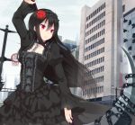  1girl black_dress black_hair broken_window building chain choker city dress flower frilled_dress frills gothic_lolita hair_flower hair_ornament hairband juliet_sleeves lolita_fashion lolita_hairband long_hair long_sleeves marotti original puffy_sleeves red_rose road_sign rose scythe sign skyscraper solo very_long_hair violet_eyes 