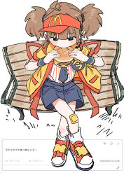  1girl absurdres back_bow badge bandaid bandaid_on_knee bandaid_on_leg bench black_eyes black_shorts blush_stickers bow brown_hair burger button_badge crossed_legs eating employee_uniform fast_food_uniform food from_above happi haruyuki_(gffewuoutgblubh) hat headset highres holding holding_burger holding_food imadake_dabuchi_tabemi japanese_clothes mcdonald's necktie open_happi pinstripe_pattern pinstripe_shirt red_hat shirt short_sleeves shorts sitting solo striped_clothes tasuki thighs tie_clip twintails velcro_footwear visor_cap yellow_happi 