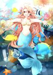  1girl :d absurdres ahoge breasts brown_hair cleavage coral fish heart_ahoge highres jellyfish long_hair mermaid monster_girl navel open_mouth original outstretched_arms shell shell_bikini smile solo starfish tail underwater very_long_hair yuragiyura 