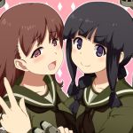  2girls binoculars black_hair blush brown_hair hug kagesaki-ice kantai_collection kitakami_(kantai_collection) looking_at_viewer multiple_girls ooi_(kantai_collection) open_mouth personification red_eyes school_uniform smile v violet_eyes 