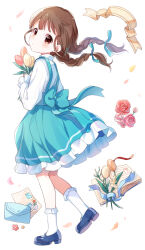  1girl absurdres blue_ribbon blue_shoes blue_skirt blush book braid brown_eyes brown_hair buchi_(y0u0ri_) commentary envelope flower frilled_skirt frilled_socks frills full_body hair_ribbon highres holding holding_flower long_hair long_sleeves looking_at_viewer looking_back mary_janes open_book orange_flower orange_tulip original parted_lips pleated_skirt red_flower red_rose ribbon rose shirt shoes simple_background skirt socks solo standing standing_on_one_leg suspender_skirt suspenders tulip twin_braids white_background white_shirt white_socks yellow_flower yellow_tulip 