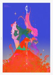  2girls absurdres black_jacket border closed_eyes commentary crown dark-skinned_female dark_skin dio_knarf dress english_commentary epaulettes floating_hair highres himemiya_anthy jacket long_hair long_sleeves multiple_girls pink_hair purple_hair red_dress shoujo_kakumei_utena sleeveless sleeveless_dress stab sword tenjou_utena very_long_hair weapon white_border 