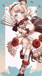  1girl blonde_hair blue_eyes blush boots dress frilled_dress frilled_thighhighs frills hat highres holding magical_girl mahou_shoujo_ikusei_keikaku mahou_shoujo_ikusei_keikaku_restart pechika_(mahoiku) qoo_1025 short_hair smile thigh-highs white_thighhighs 