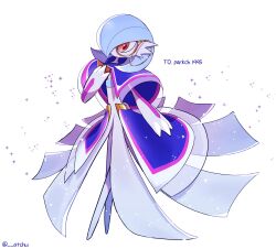  absurdres alternate_color artist_name blue_hair bob_cut capelet dress etchyu gardevoir gardevoir_(sacred) hair_over_one_eye highres monocle orange_eyes pokemon pokemon_(creature) pokemon_unite purple_capelet shiny_pokemon sparkle waist_cape white_background white_dress 