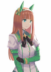  1girl animal_ears asakiri_koko averting_eyes black_bow black_bowtie black_gloves blue_eyes blunt_bangs bow bowtie commentary_request ear_covers gloves green_sailor_collar green_shirt hairband highres horse_ears horse_girl layered_sleeves long_hair long_sleeves orange_hair sailor_collar shirt short_over_long_sleeves short_sleeves sidelocks silence_suzuka_(umamusume) simple_background solo umamusume upper_body white_background white_hairband white_shirt 