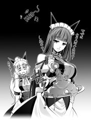  2girls absurdres alternate_costume animal_ears apron blunt_bangs bow breasts cat_ears clenched_teeth dress eibon enmaided food gradient_background greyscale head_tilt highres ketchup lace-trimmed_corset large_breasts long_hair maid maid_headdress mayqueen_maid_uniform medium_breasts monochrome mother_and_daughter multiple_girls nervous_smile nervous_sweating omelet omurice open_mouth parted_lips ribbon-trimmed_collar ribbon_trim science_adventure shiina_kagari shiina_mayuri smile squeezing steins;gate steins;gate_0 sweat teeth translation_request waist_apron wig 