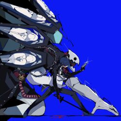  1boy blood blue_hair evoker gekkoukan_high_school_uniform highres holding holding_sword holding_weapon persona persona_3 persona_3_reload school_uniform sword teketeke_(tasutekete) thanatos_(persona) weapon yuuki_makoto_(persona_3) 