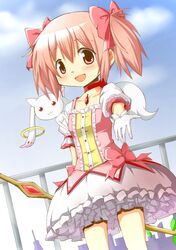  1girl :3 :d absurdres animal_on_shoulder blush bow_(weapon) gloves hair_ribbon highres hoop kantai_collection kyubey looking_at_viewer mahou_shoujo_madoka_magica open_mouth pink_eyes pink_hair red_eyes ribbon ribbon_choker smile soul_gem tsubaki_(tatajd) twintails weapon 