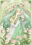  1girl absurdres closed_eyes dress elsa_(g557744) flower green_hair hair_flower hair_ornament hatsune_miku highres long_hair skirt_hold solo strapless_dress twintails very_long_hair vocaloid 