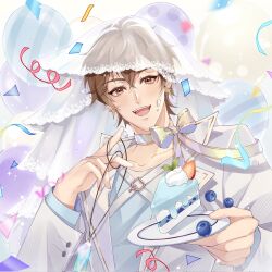  1boy blueberry blush bow brown_eyes brown_hair cake cake_slice chest_harness chinese_commentary confetti eiden_(nu_carnival) food food_on_face fruit hair_between_eyes harness highres holding holding_cake holding_food holding_plate jacket long_sleeves male_focus nu_carnival open_clothes open_jacket open_mouth plate short_hair smile solo string teeth upper_body upper_teeth_only v veil white_bow white_jacket white_veil xun1948637 