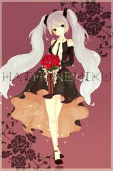  1girl bouquet character_name dress elbow_gloves flower gloves happy_birthday hatsune_miku head_tilt highres long_hair raiya_(rwc) solo twintails very_long_hair vocaloid 