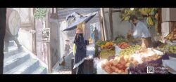  1other 2boys 2girls absurdres animal apple asteroid_ill bag banana basket beard bird black_border black_coat black_pants blonde_hair border brown_hair brown_pants cat coat day facial_hair food fruit grapes groceries hand_in_pocket hanging_food hat highres holding holding_food holding_fruit holding_shield iris_(asteroid_ill) lamp leaf letterboxed long_hair long_sleeves market market_stall melon merchant multiple_boys multiple_girls neck_ribbon original pants plant red_hair ribbon scenery shield shirt smile stairs standing stone_floor stone_stairs storefront suitcase sunlight torn vegetable very_long_hair wanted_poster watermark white_shirt wide_shot witch witch_hat 