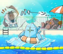  beach_umbrella blue_sky clouds fence goggles goggles_on_head highres ice innertube outline pokemon pokemon_(creature) pokemon_focus pool pool_ladder ragia regice regirock registeel sky stretching swim_ring swimming towel umbrella water white_outline 