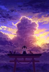  1girl absurdres animal au_ito barefoot bird black_bird black_hair black_skirt cloud_focus clouds cloudy_sky commentary_request crow cumulonimbus_cloud from_behind highres medium_hair multicolored_clouds original scenery shirt sitting sitting_on_torii skirt sky sky_focus solo sunset torii twintails white_shirt wide_shot 
