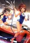  2girls barefoot black_hair brown_eyes brown_hair car car_wash green_eyes hose man_(trance) motor_vehicle multiple_girls original ponytail rag school_swimsuit short_hair swimsuit vehicle 