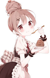  1girl absurdres apron blush brown_dress brown_eyes brown_hair buchi_(y0u0ri_) closed_mouth commentary_request cowboy_shot dress eating food fork frilled_apron frills hair_bun hair_ornament heart heart_hair_ornament highres holding holding_fork holding_plate looking_at_viewer mont_blanc_(food) neck_ribbon original plate red_ribbon ribbon ribbon-trimmed_apron ribbon_trim short_hair short_sleeves simple_background single_hair_bun smile solo white_apron white_background wrist_cuffs x_hair_ornament 
