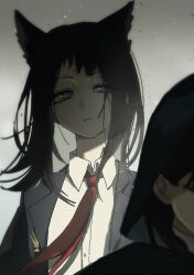  2girls absurdres animal_ears arknights bang_dream! bang_dream!_it&#039;s_mygo!!!!! black_hair black_jacket blue_eyes chinese_commentary collared_shirt commentary_request cx6lc0 expressionless face_in_shadow film_grain gradient_background highres hood hood_up jacket looking_at_another medium_hair multiple_girls necktie out_of_frame red_necktie shiina_taki shirt solo_focus upper_body white_shirt wolf_ears wolf_girl yahata_umiri yahata_umiri_(moonlight_executioner) 
