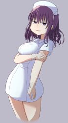  1girl commentary_request grey_background hat houtei_kara kurokawa_(sakusei_byoutou) messy_hair nurse_cap purple_hair sakusei_byoutou 