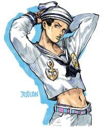  1boy anchor_ornament anchor_symbol arms_behind_head arms_up belt black_hair blue_belt blue_neckerchief commentary_request compass_rose copyright_name cropped_legs dixie_cup_hat drop_shadow green_eyes green_lips hat higashikata_josuke_(jojolion) jojo_no_kimyou_na_bouken jojolion lipstick looking_to_the_side makeup male_focus midriff military_hat narita_imomushi navel neckerchief pants pink_belt sailor sailor_collar sailor_hat shirt short_hair simple_background solo two-tone_belt white_background white_hat white_pants white_sailor_collar white_shirt 