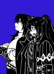  2boys arm_tattoo black_coat black_hair blue_background blue_eyes coat collared_shirt fanghunt_office_(identity)_(project_moon) high_ponytail highres hong_lu_(project_moon) keisotu_kuruu limbus_company long_hair long_sleeves looking_to_the_side male_focus multiple_boys open_mouth partially_colored ponytail project_moon shirt simple_background smile standing tattoo tingtang_gang_(identity)_(project_moon) upper_body 
